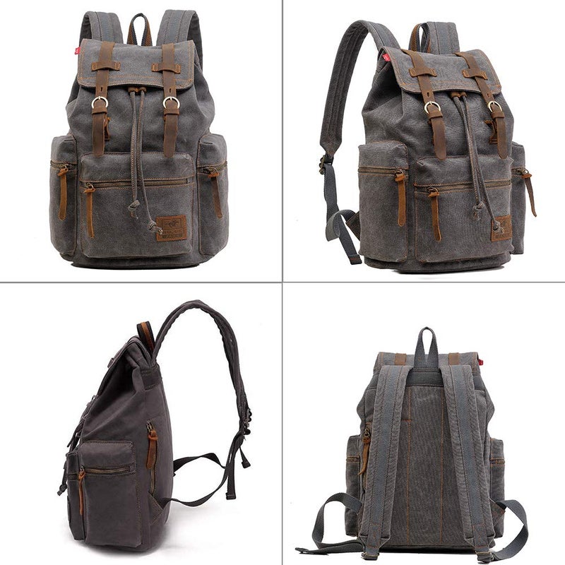 AUGUR High Capacity Canvas Vintage Backpack - for Camping Hiking Travel 12-15" Laptop Rucksack School Backpack (M-Gray) - Image 3